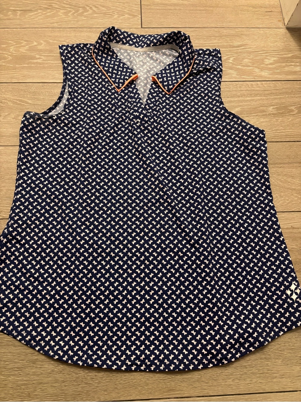 Jofit Navy Golf Tank Top with Tiny White Bows and Orange Collar Trim